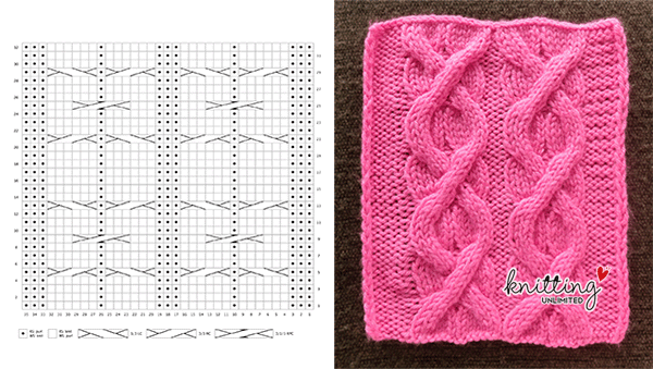 Intermediate Cable Knitting No 46. This pattern is available for FREE on Knitting Unlimited website. Including written instructions and a chart with key.