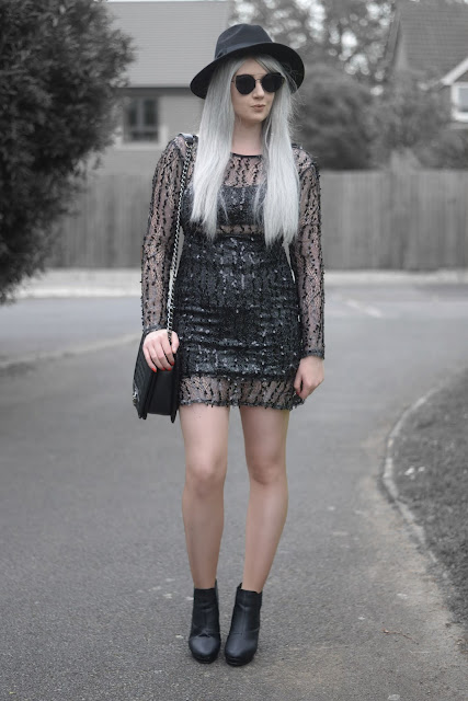 Sammi Jackson - Primark Black Fedora / Zaful Sunglasses / NaaNaa at ASOS Black Sequin Dress / OASAP Quilted Flap Bag / Office Chunky Ankle Boots