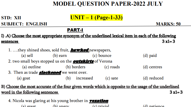 12th English Unit 1 Model Question 2022