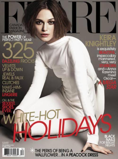 Keira Knightley is Flare Magazine's December cover girl. Decked out in winter white for the photo, she talked about her upcoming film, 'Anna Karenina.'  "Tom Stoppard [who wrote the screenplay] said at the beginning [that] this is a thesis on love, and I said 'Ummm. Er. Okay.' And I think he's quite right. Not just the sparkly bit that we're sold, the fun, the hopefully great sex, but it's also looking at the loneliness, the pain, the jealous madness that is all a part of that."