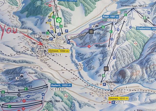 Map showing the walking path from Gstaad to Saanen
