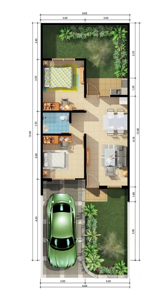 Denah rumah minimalis ukuran  6x15 meter 2 kamar  tidur 1 