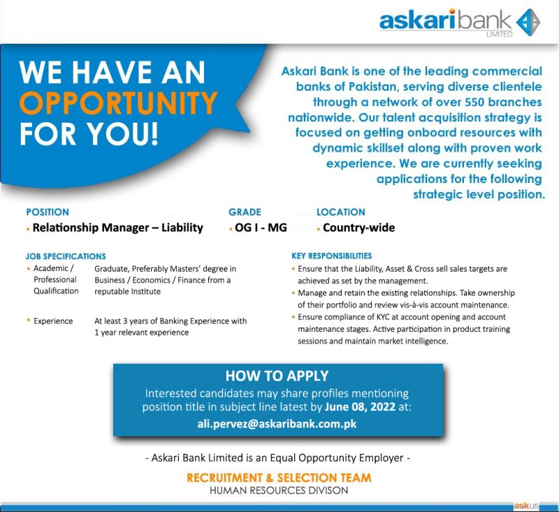 Askari Bank Limited Jobs For Relationship Manager - Liability