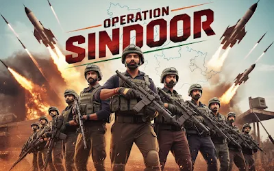 Operation Sindoor movie poster featuring a team of Indian army commandos in full combat gear with assault rifles, dramatic background of missile launches, fire, and explosions, symbolizing patriotic military action and national defense.