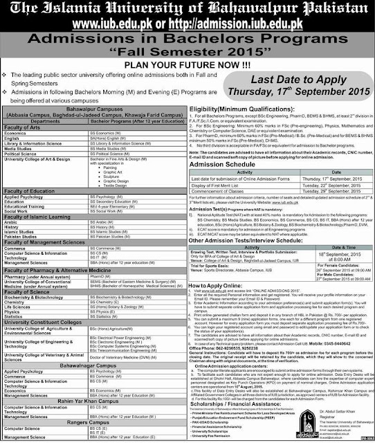 Online Admission for BSc(Engineering)/BBA/BA(Hons) and BS Programs Fall Semester 2015, of The Islamia University of Bahawalpur 