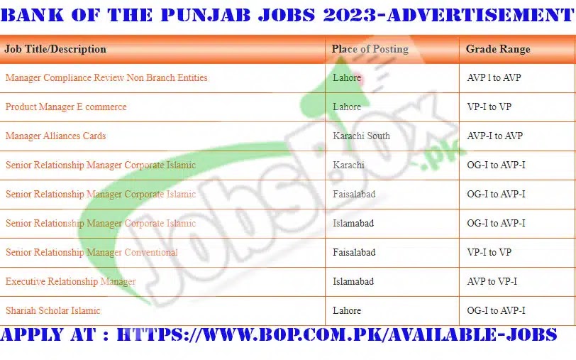 Punjab Bank Jobs 2023 - BOP Jobs 2023 - www.bop.com.pk Jobs 2023