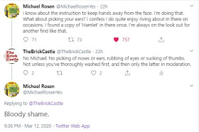 Michael Rosen Tweet about picking ears and noses