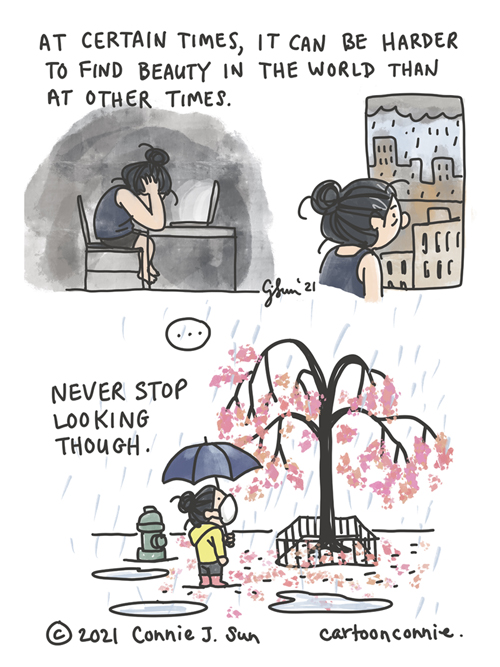 Sketchbook comic about times when it is harder to stay upbeat and positive, mental health awareness cartoon, by Connie Sun, cartoonconnie