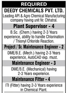 ITI, Diploma, B.E., B.Sc Job Vacancy For Supervisor, Engineers, and Fitters in Deedy Vhemicals Pvt. Ltd.