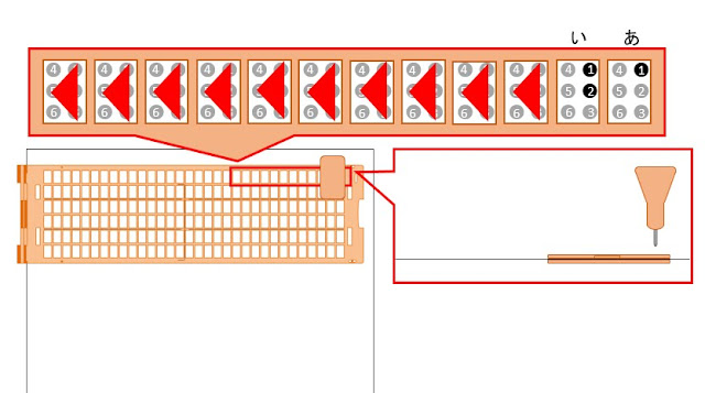 点字器の1行目2マス目に「い」と書かれた図