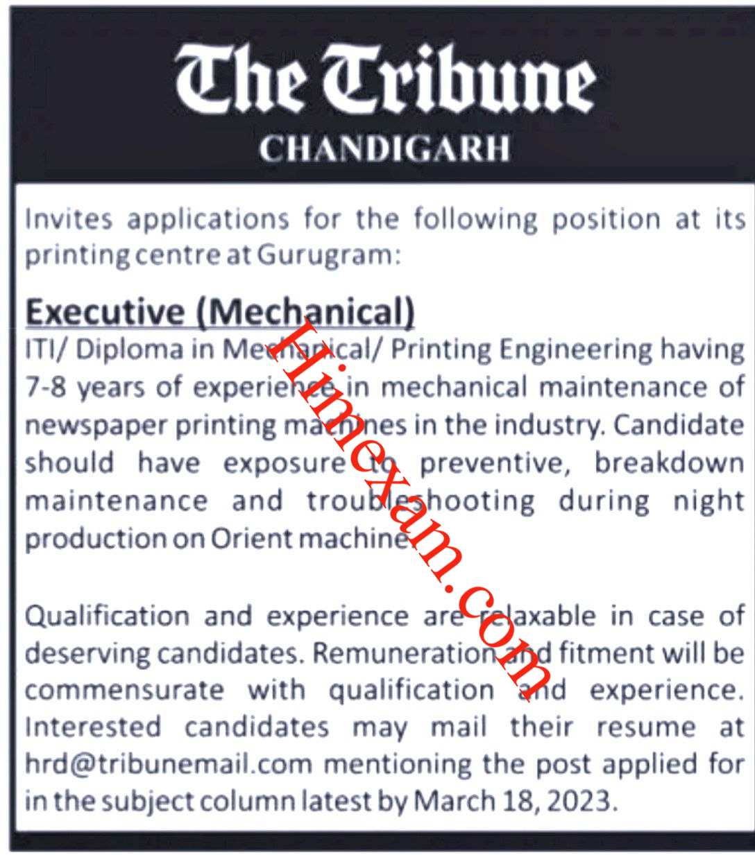 The Tribune Chandigarh Executive (Mechanical) Recruitment 2023