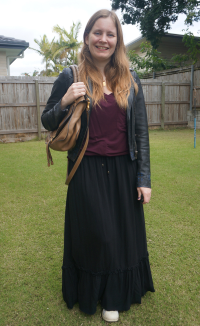 black leather jacket purple tee and black maxi skirt with chloe marcie bag | awayfromblue