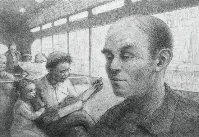 Pencil drawing of streetcar interior with pensive man in foreground, mother reading large book wile her daughter looks on, other passengers in background.