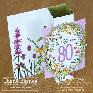 80th birthday fun fold square column card using Stampin' Up! Dainty Flowers paper, Go to Greetings stamp set, Wishes All Round dies, Deckled rectangles dies. Card by Diane Barnes - Independent Demonstrator in Sydney Australia - colour me happy - stampinupcards - fun fold cards - stamping - cardmaking