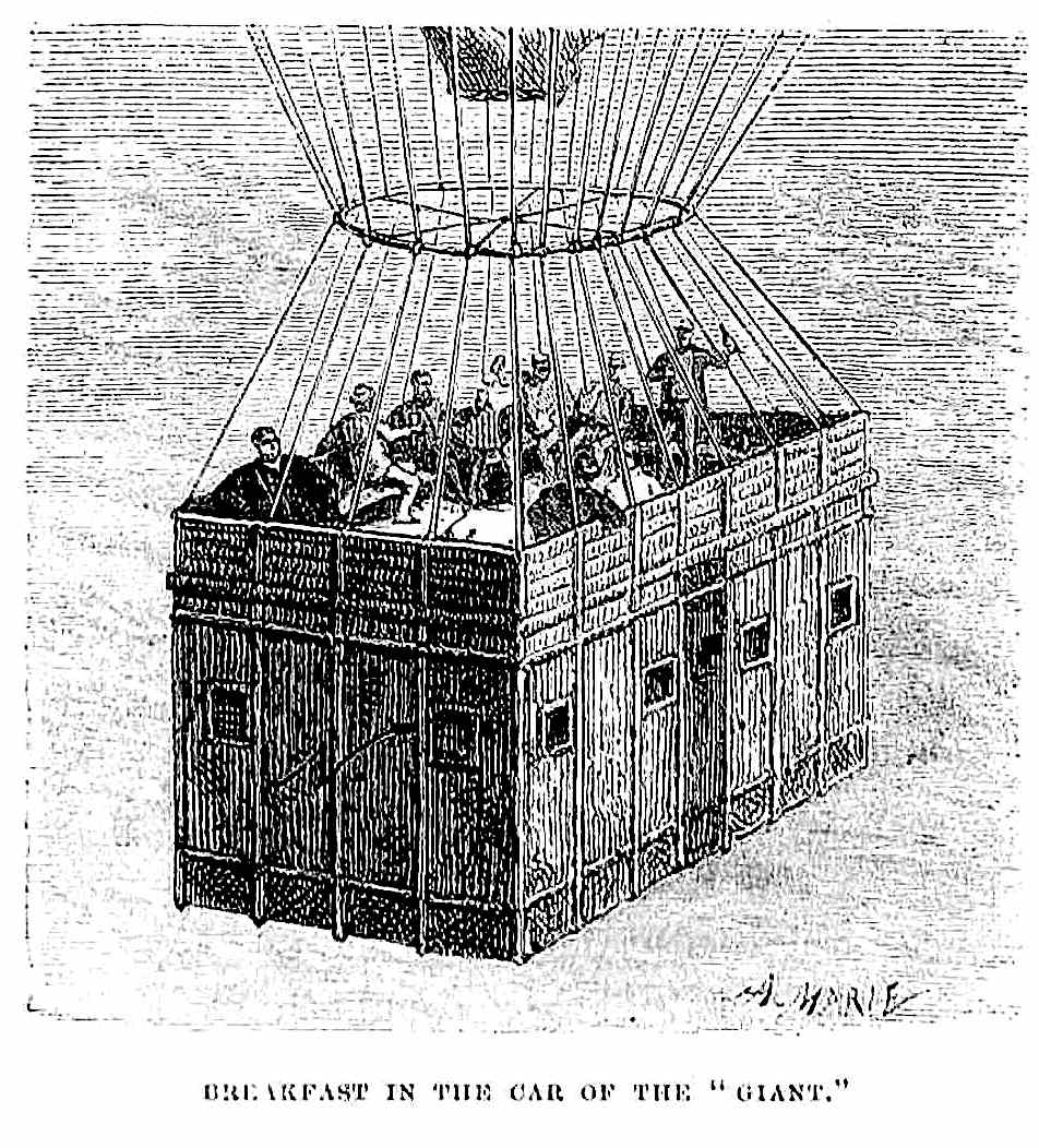 Breakfast in the car of the Giant, an illustration in a Camille Flammarion science publication about ballooning