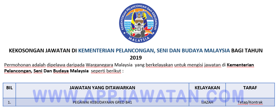 Jawatan Kosong Terkini Di Kementerian Pelancongan Seni Dan Budaya Malaysia Appjawatan Malaysia