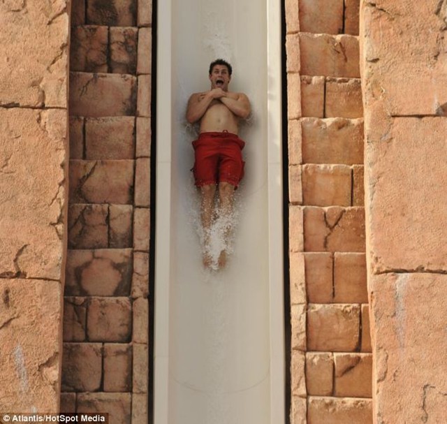 As tourists reach the bottom of the slide, they enter a misty tunnel before going underwater, hence the name Leap of Faith.