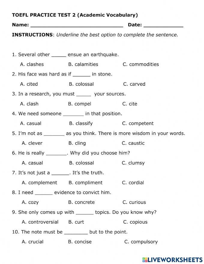 Free TOEFL Worksheet 3: Improve Your Vocabulary