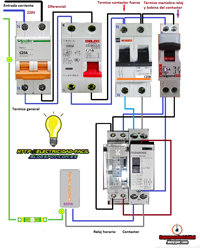 maniobra de termo electrico con reloj horario contactor termico general diferencial termico 5A para maniobra reloj y bobina de contactor mas termico de contactor para termo