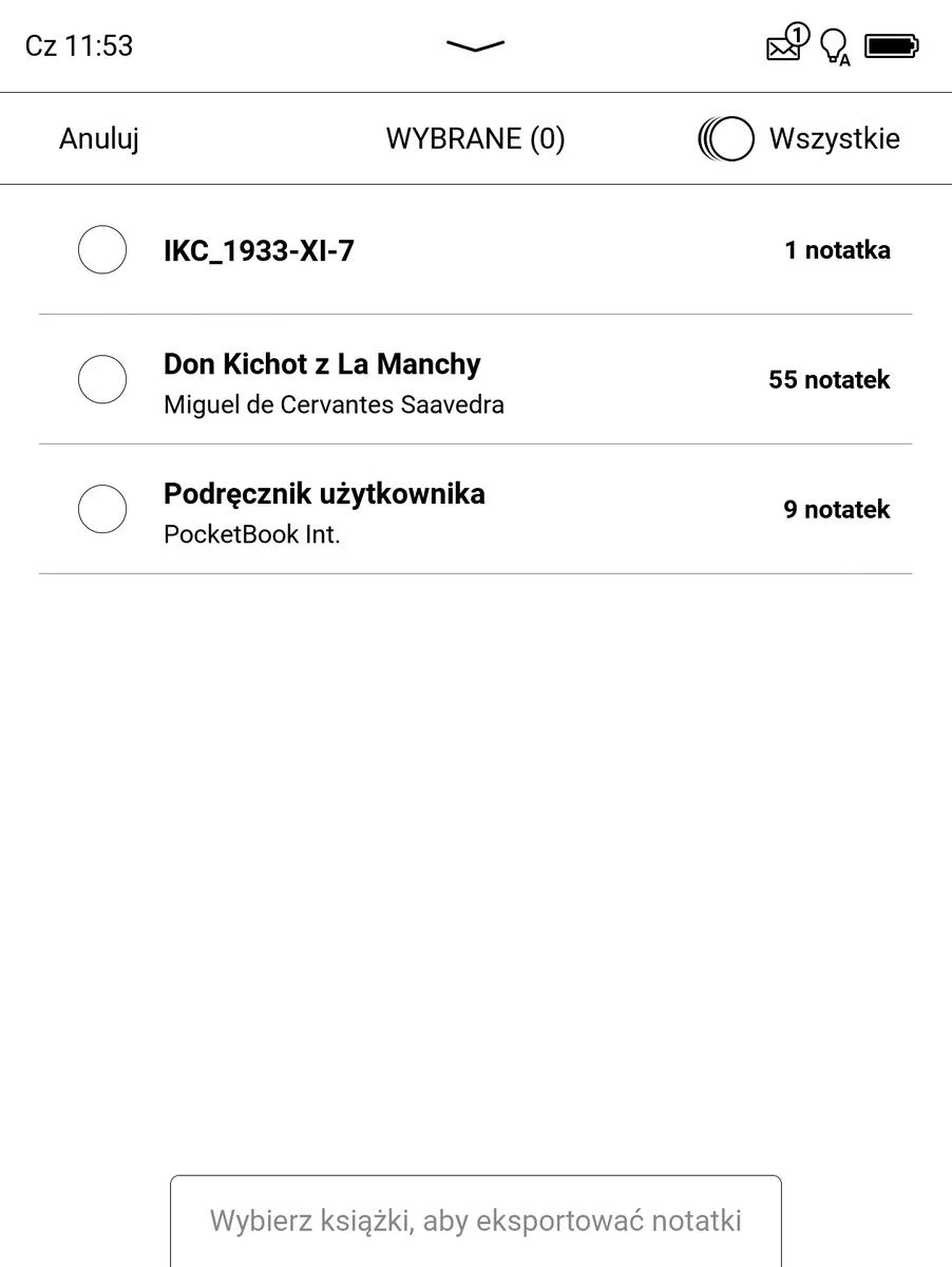 PocketBook Era – wybieranie publikacji, z których wyeksportujemy notatki