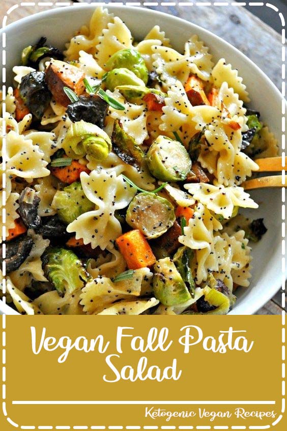 Roasted Fall veggies, tossed with pasta and the most amazing vegan creamy poppy seed dressing!