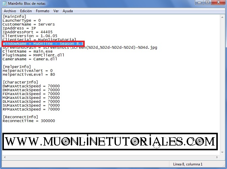 Modificando el nombre de la ventana en el archivo MainInfo.ini