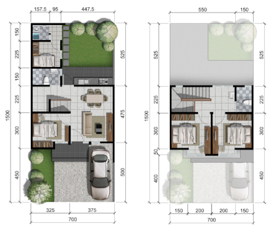  Denah  rumah  minimalis  ukuran 7x15 meter 4 kamar tidur 2 