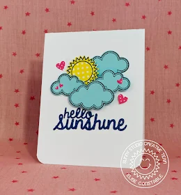 Sunny Studio: Hello Sunshine card by Elise Constable (using Rain or Shine, Stitched Hearts & Sunny Sentiments stamps and Sunshine word die)