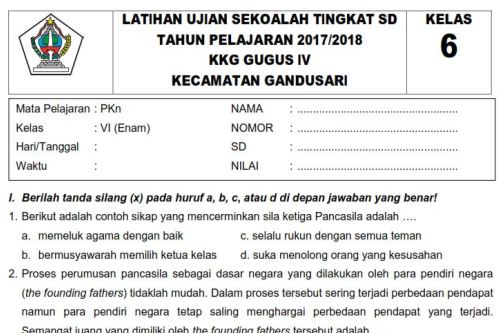 Contoh Lembar Soal Ujian Sd Ala Model Kini