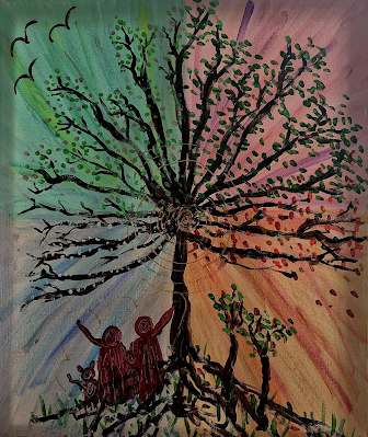 Adam, Eve, a donkey and a cat, sit beneath a fruit-laden tree. Slightly abstract painting with dark lines and enigmatic colours.