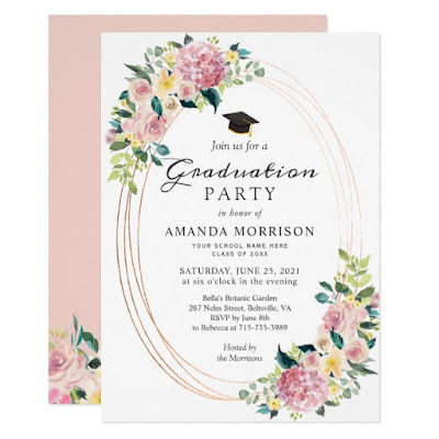  Modern Oval Frame Pastel Floral Graduation Party Invitation