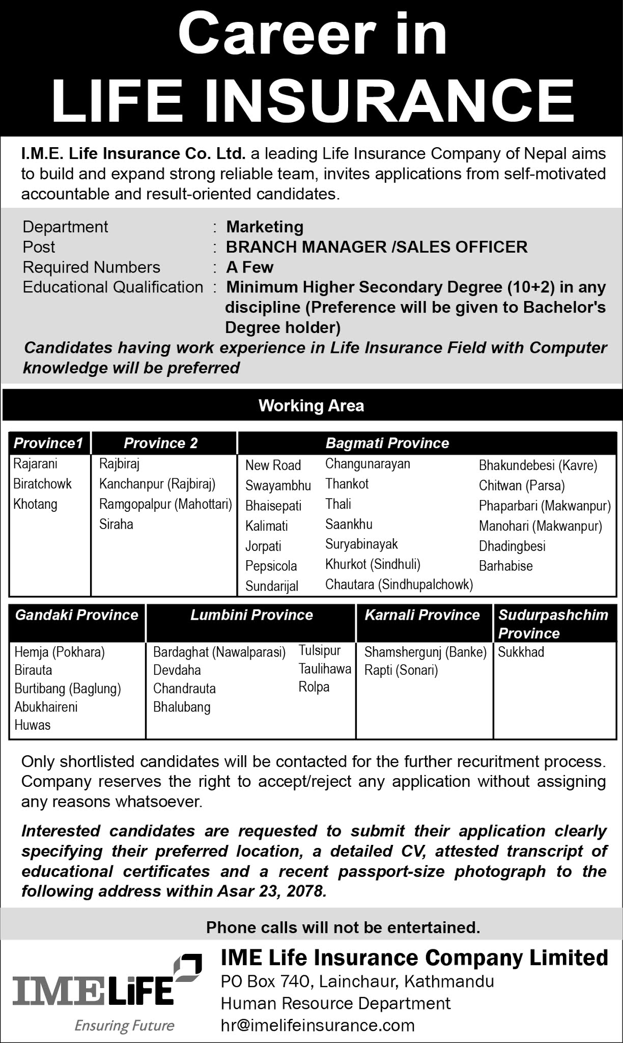 IME Life Insurance Company  Job Vacancy for Branch Manager and Sales Officer