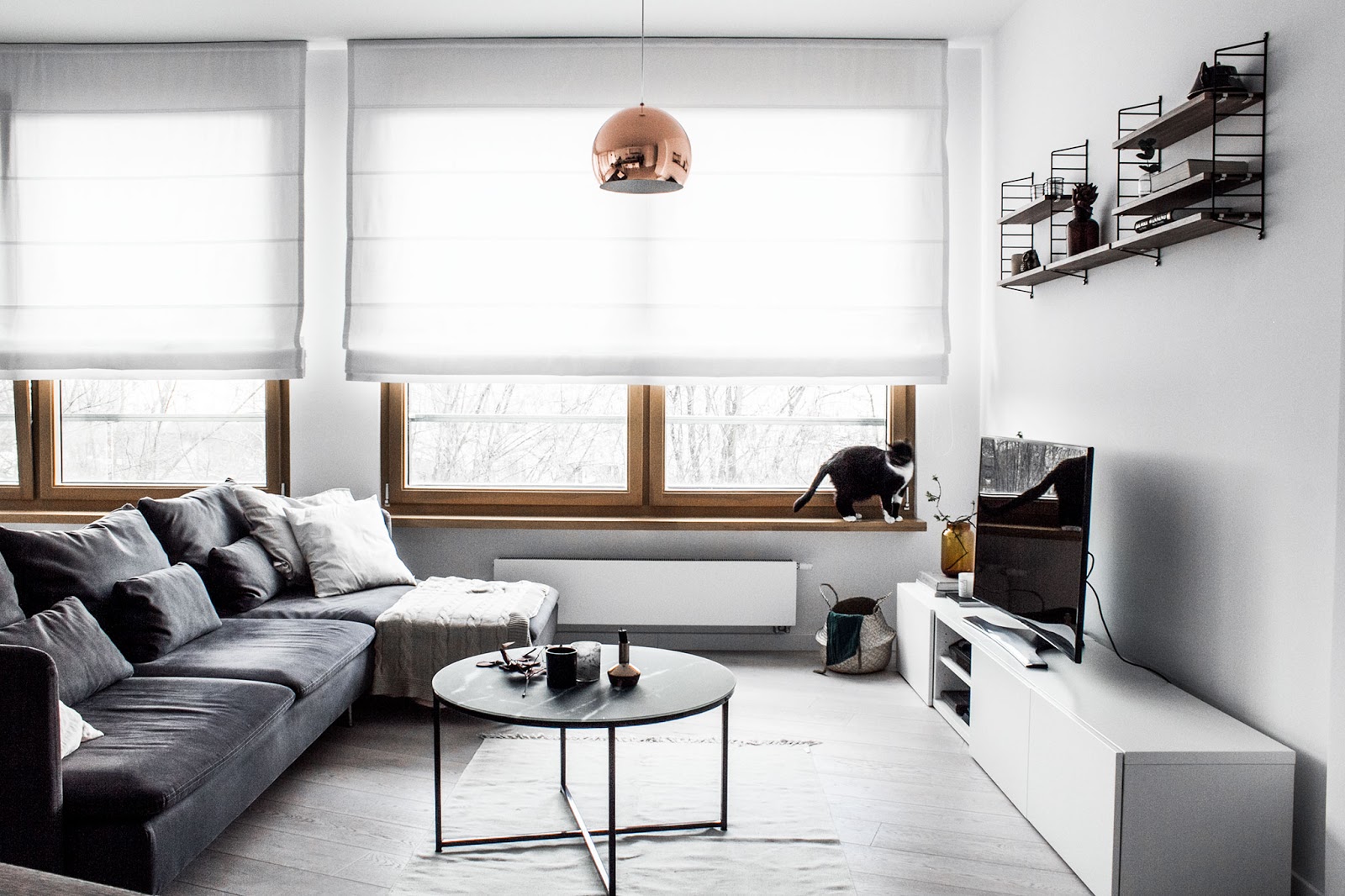 scandinavian interior design, gray sofa, 