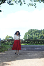 red skirt with plain white shirt