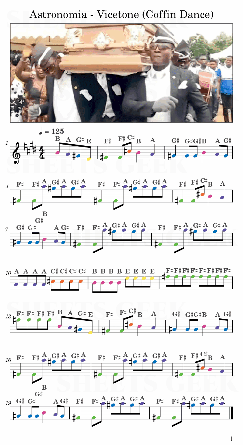 Astronomia - Vicetone (Coffin Dance) Easy Sheet Music Free for piano, keyboard, flute, violin, sax, cello page 1