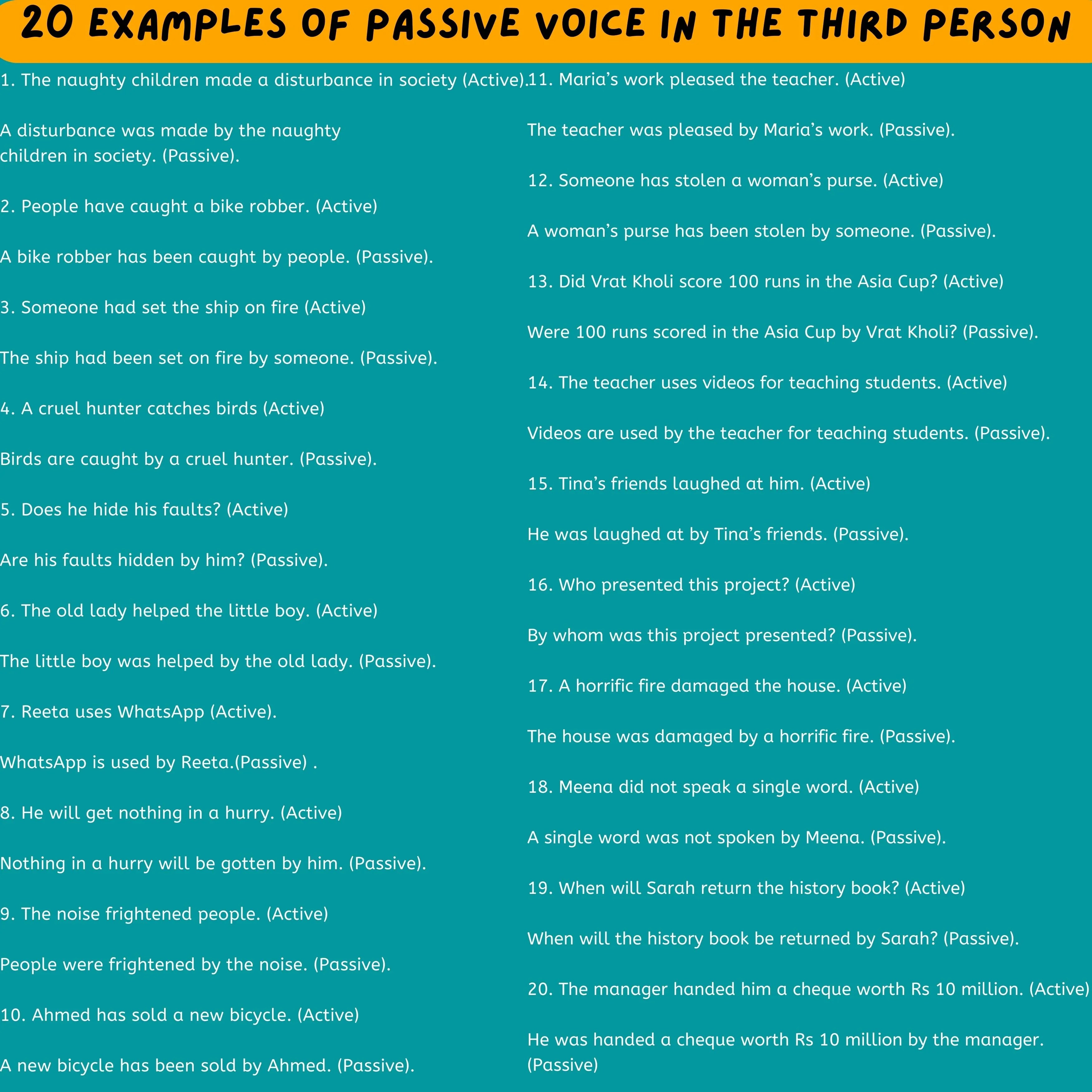 20 examples of Passive voice in the third person: