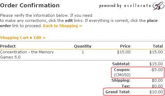 Purchase Concentration - the Memory Games; Step 3: Verify Discount on Checkout