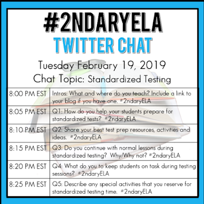 Join secondary English Language Arts teachers Tuesday evenings at 8 pm EST on Twitter. This week's chat will be about standardized testing.