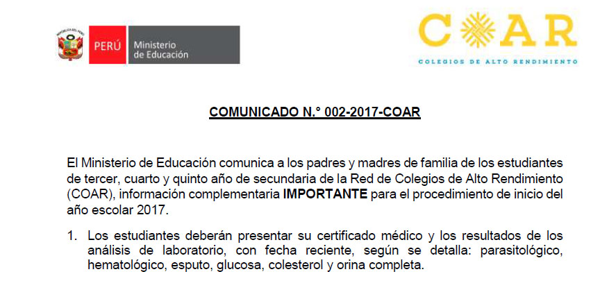 COAR 2017: Comunicado Inicio del Año Escolar en los Colegios de Alto Rendimiento (Información Complementaria) MINEDU - www.minedu.gob.pe