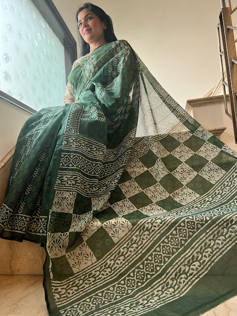 Nature's Palette Unveiled: The Allure of a Bottle Green Cotton Hand Block Print Saree