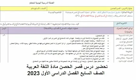 تحضير درس قصر الحصن مادة اللغة العربية الصف السابع الفصل الدراسى الأول 2023