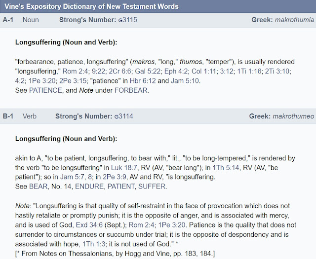 Longsuffering explained further from Vine's DIctionary of New Testament Words