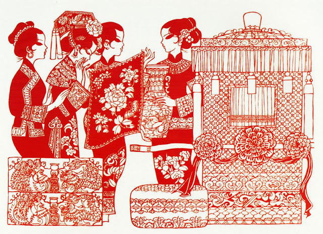 Chinese Paper Art illustrating Traditional Chinese Wedding Procedures