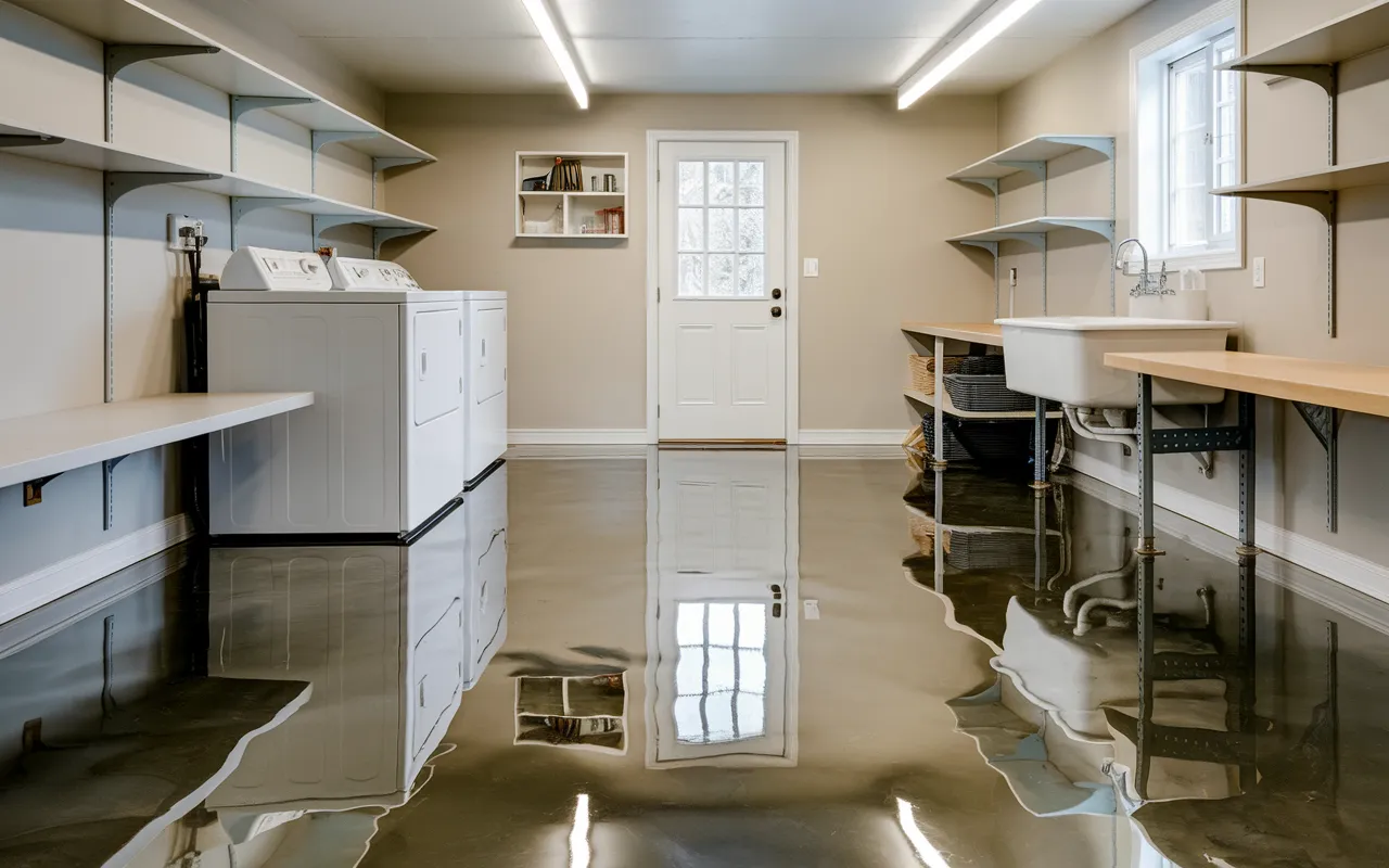 Laundry room with polished concrete floors reflecting ample lighting, featuring white walls and contemporary fixtures.