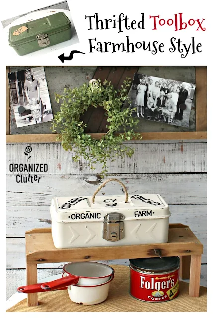 Thrift Shop Vintage Toolbox Gets A Farmhouse Makeover #dixiebellepaint #primamarketing #redesigntransfers #farmhousestyle #toolboxupcycle #upycle #repurpose