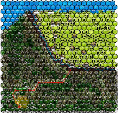 Hex map with red line showing party's progress deeper and deeper into Ghallia-That-Fell