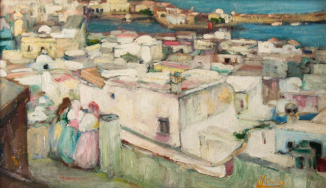 Femmes d’Alger sur la terrasse (casbah), 1913 - Alfred Dabat (Français - 1869-1935) - Huile sur panneau - 36 x 59 cm