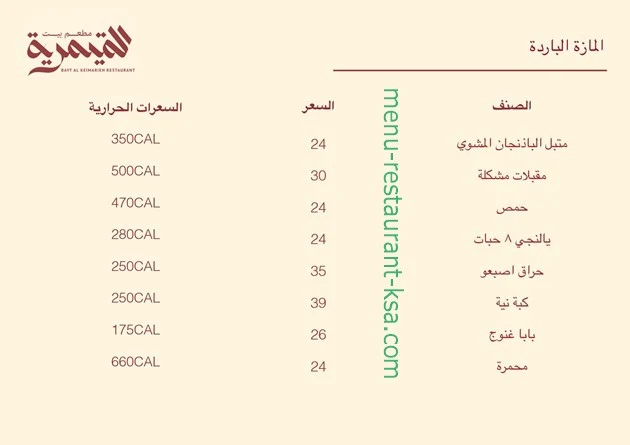 منيو مطعم بيت القيمرية