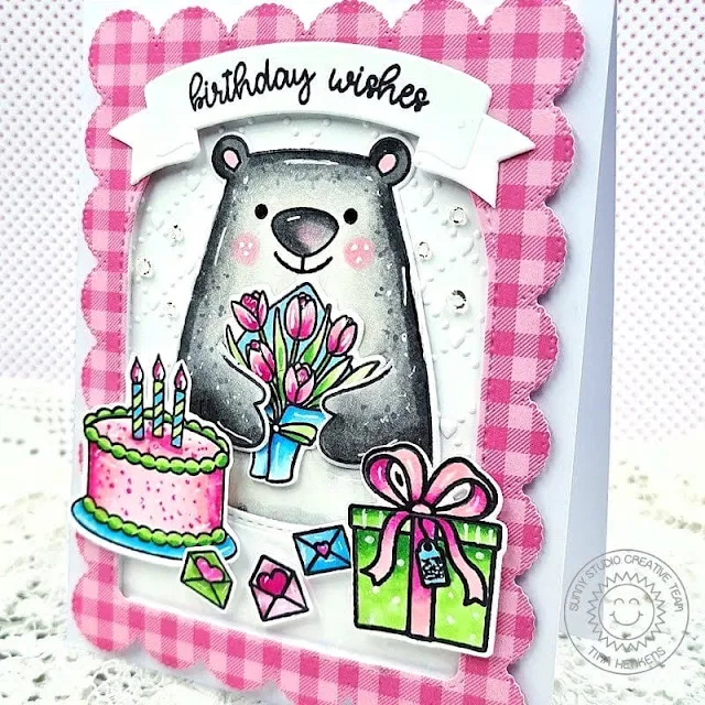 Sunny Studio Stamps: Holiday Hugs Birthday Card by Tina Henkens (featuring Make A Wish, Frilly Frame Dies, Quilted Hearts Dies, Stitched Arch Dies, Brilliant Banner Dies, Happy Thoughts)