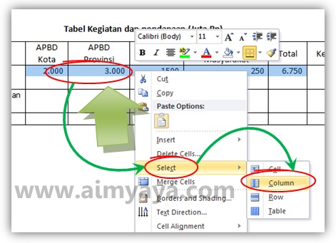  Gambar: Cara membuat ukuran kolom/baris tabel menjadi sama rata/besar di microsoft word 2010